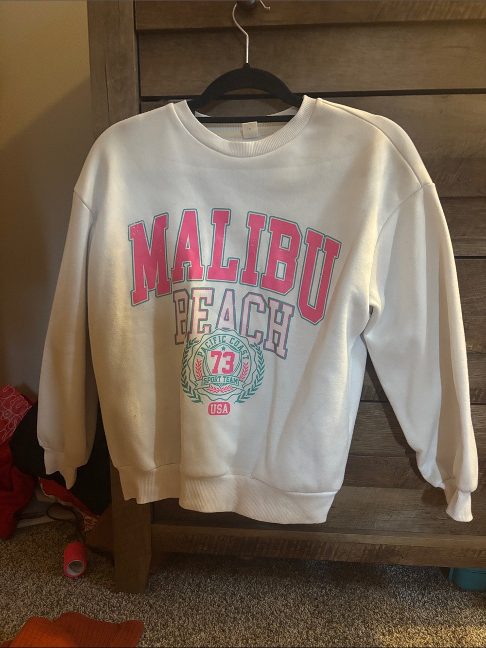 Malibu Beach Graphic Crewneck Sweater - White with Pink Accents